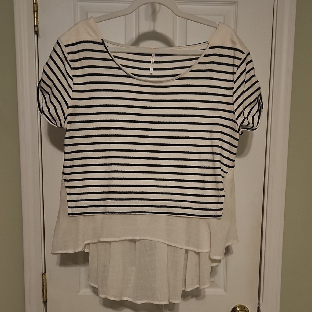 Free People Black and White Striped Short Sleeve Top